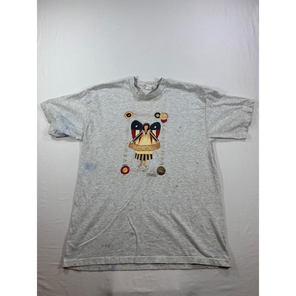 Vintage 2000 Linda Spivey In God We Trust Angel T-Shirt Heather Gray L Stained